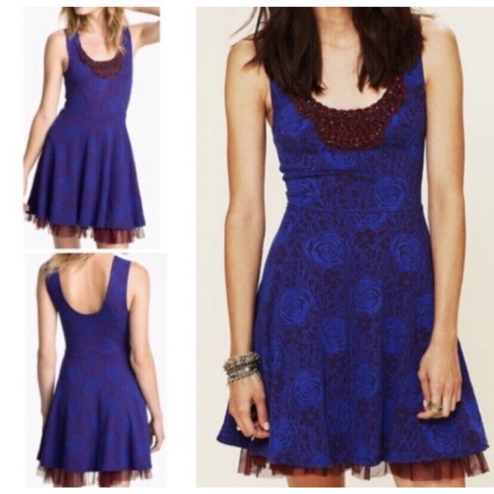 New Free People Sleeveless Purple Dress Tulle Hem Beaded Neckline Low Back S